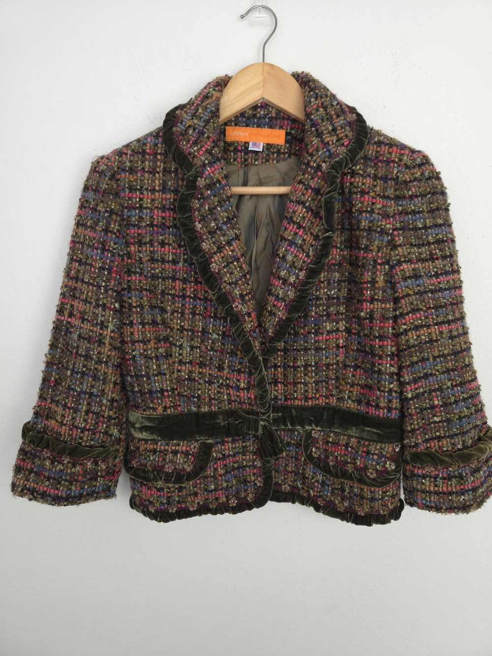 Vintage Cynthia Steffe Tweed Blazer Jacket Velvet Ruffle Wool Blend Crop S